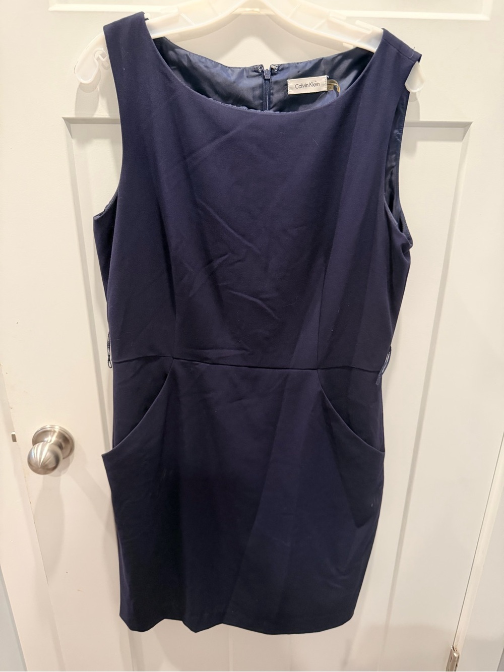 Calvin Klein Navy Sheath Dress 14 Sleeveless Pockets Career Work
